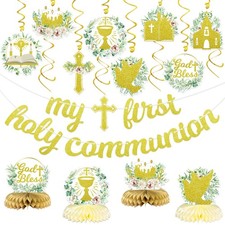 22Pcs First Communion Decorations Banners Hanging Swirls Honeycomb Table Cent...