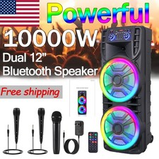 10000W Dual 12'' Portable Bluetooth Speaker Heavy Bass System Party Remote Mic