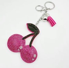 Rhinestone Cherry Tassel Metal Key Chain Keyring for Women Pink Green Silver