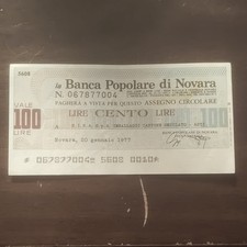 Italy 100 Lire Banknote 1977 Banca Popolare di Novara Serial 067877004