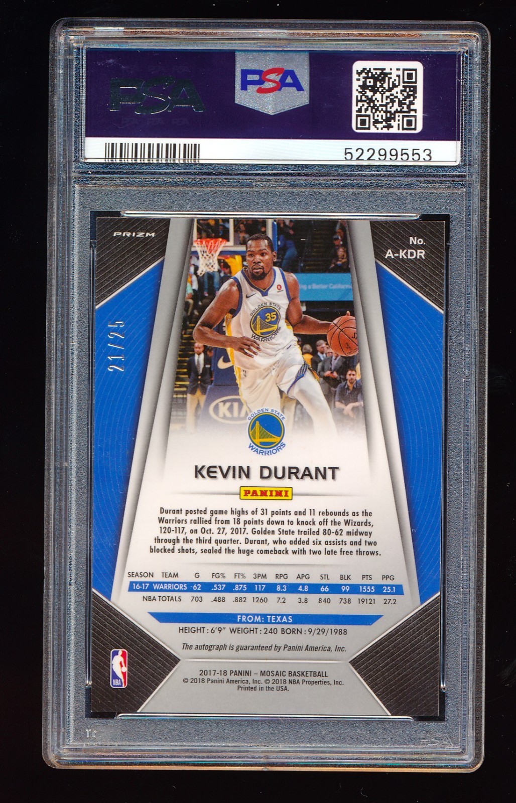 PSA 9 KEVIN DURANT 2017-18 PANIN IPRIZM MOSAIC CAMO AUTOGRAPH AUTO #/25 *MINT* view 4