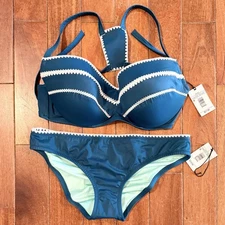 NWT! Shade & Shore Dark Teal Crochet Bikini Underwire 36DD Hipster Bottom Sz L