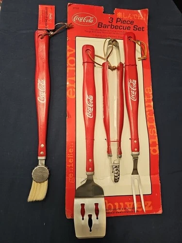 VINTAGE NEW COCA COLA BBQ GRILLING TOOLS Spatchula/Brush/Fork/tongs WOOD HANDLES