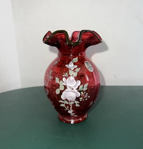 Vntg 2003 EUC Fenton Cranberry Glass Hand Painted Floral Vase, Orig Tag, Signed
