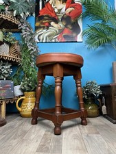 Vintage Low Turned Wooden Pub Bar Stool Traditional Upholstered Tan Vinyl Top