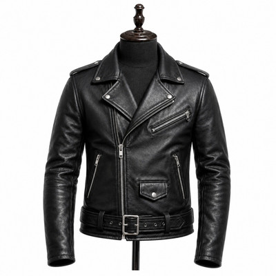 Mens Black Genuine Cowhide Leather Double Rider Motorcycle Biker Jacket Belted