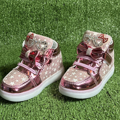 fashoin Girls' Pink White Star Glitter Bow Sneakers Hook & Loop Comfort US 9.5
