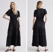 Quince Silk Sz Small Tiered Maxi Dress besette Black Bohemian Emo Gothic Whimsy 