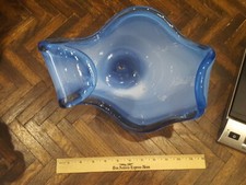 Handblown Folded Art Glass Vase Blue and White Swirls Large Piece