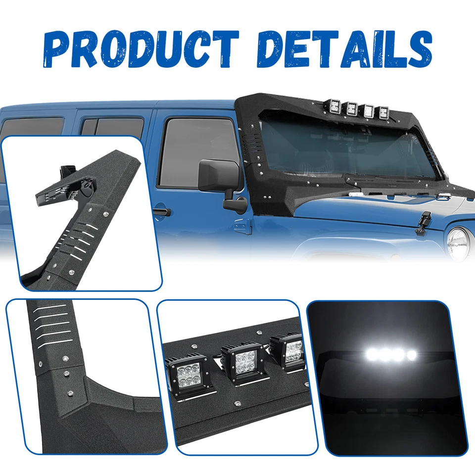 For Jeep Wrangler JK 07-18 Armor Windshield Frame Cover Visor Cowl w/ LED Lights - Image 2 of 4