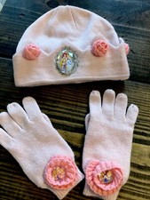 3 Piece DISNEY Store M 7-10 Princess Pink Crown Hat Gloves Set NWOT