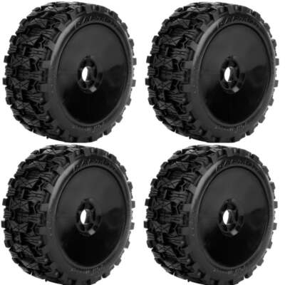 Powerhobby Raptor Belted All Terrain Mounted Tires Black Dish Wheels 4 1/8 Buggy
