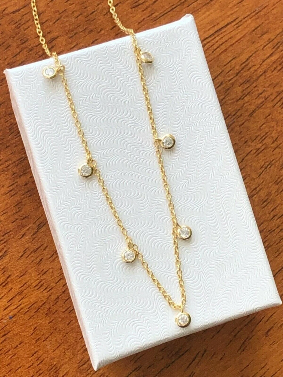 Gold Dainty Cz Dangle Station Choker Necklace 925 Sterling Silver