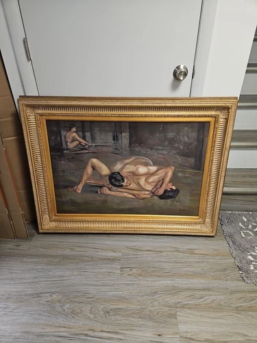 Beautiful Large framed Print Of males wrestling 44x 33 Signed Gay Interest 