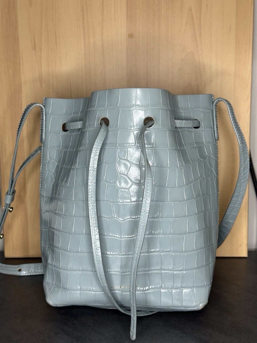 Mansur Gavriel Mini Leather Bucket Bag Crossbody Light Blue Croc