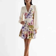 Express Floral V-Neck Long Puff Sleeve Cutout Mini Dress XS