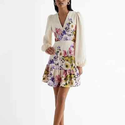 Express Floral V-Neck Long Puff Sleeve Cutout Mini Dress L