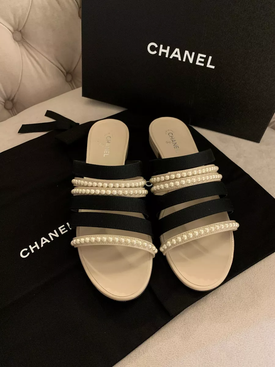 Chanel Women 20mm Double Pearl Grosgrain Slide Sandal Beige Black Size 40 NIB