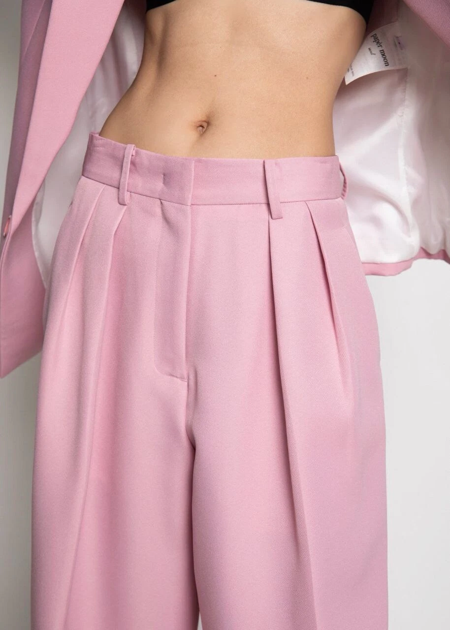 Double pleat belt pink women pants. Pink pleated pants trousers for women. S