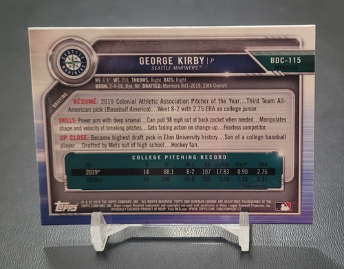 2019 George Kirby Bowman Chrome Draft #BDC115 1st Bowman Mariners Rookie Card - Bild 2 von 2