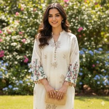 J. Junaid Jamshed Ladies Kurti XS Beige Cotton Cross Stitch Embroidered Boho NWT