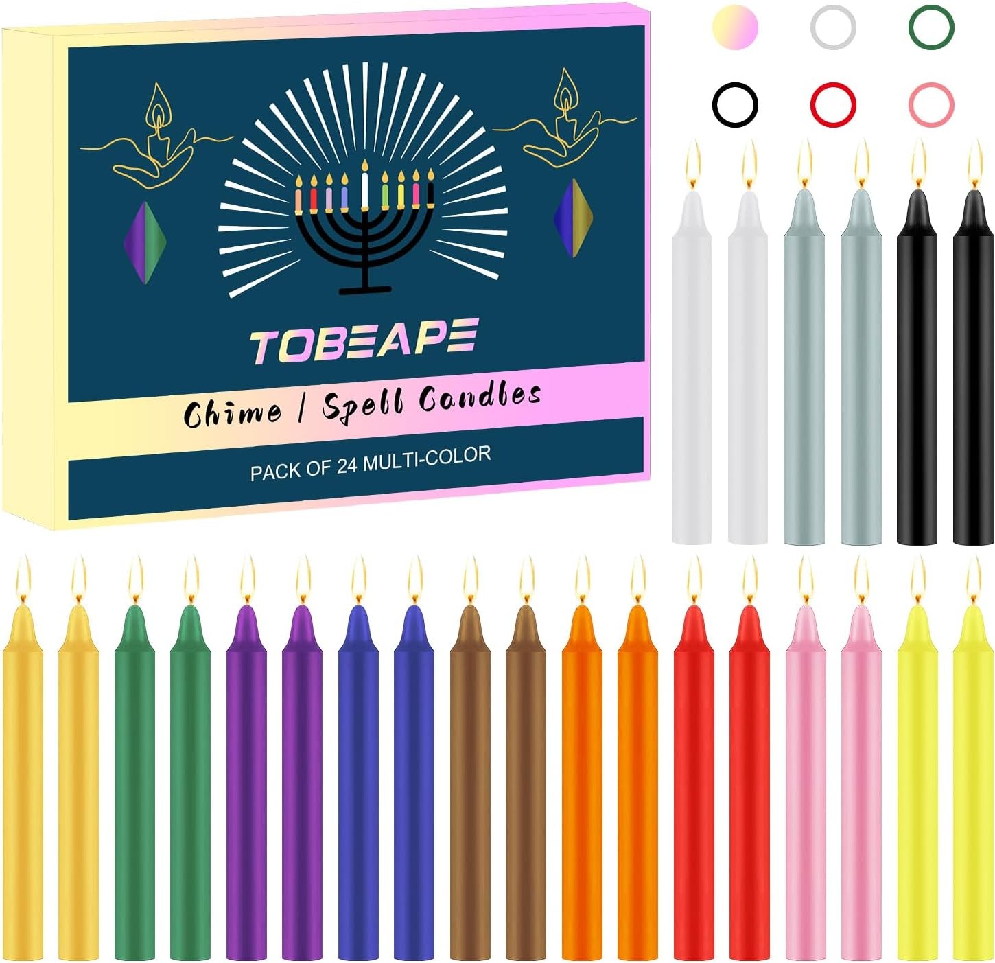 Tobeape 24 Pack Assorted Color Spell Chime Candles, 4 Inch M