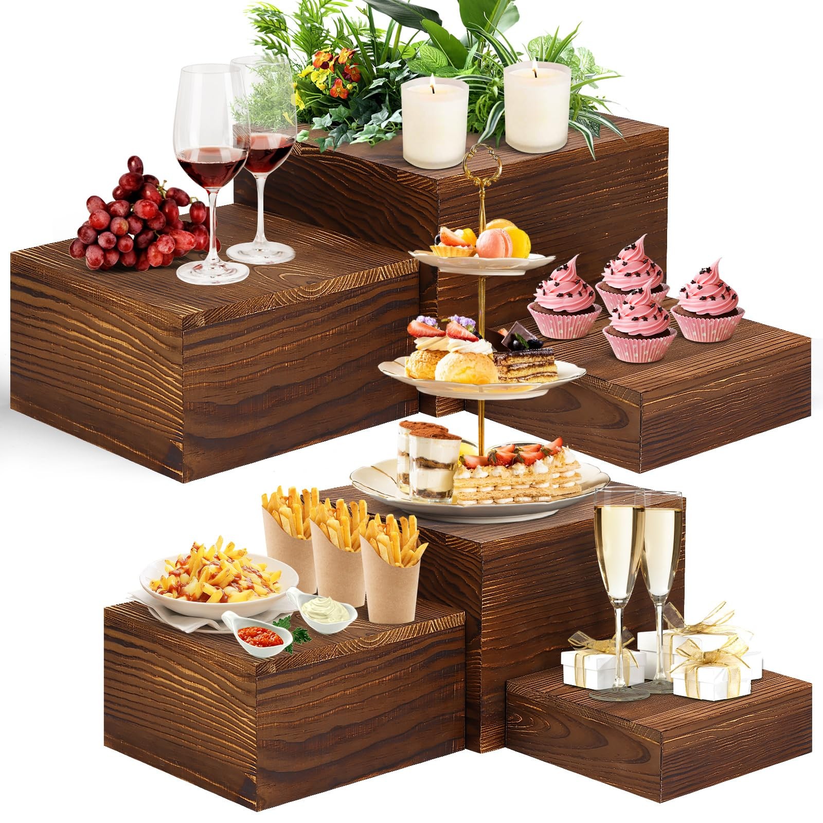 6 Pack Wooden Risers Display Stands Rustic Wood Cake & Cupcake Stands for Par...
