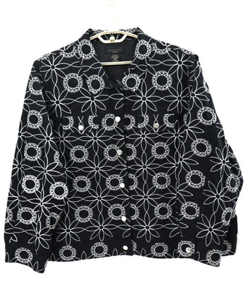 SILK LAND Women's 100% Cotton Jacket Embroidered Floral Black White Size 3X Plus