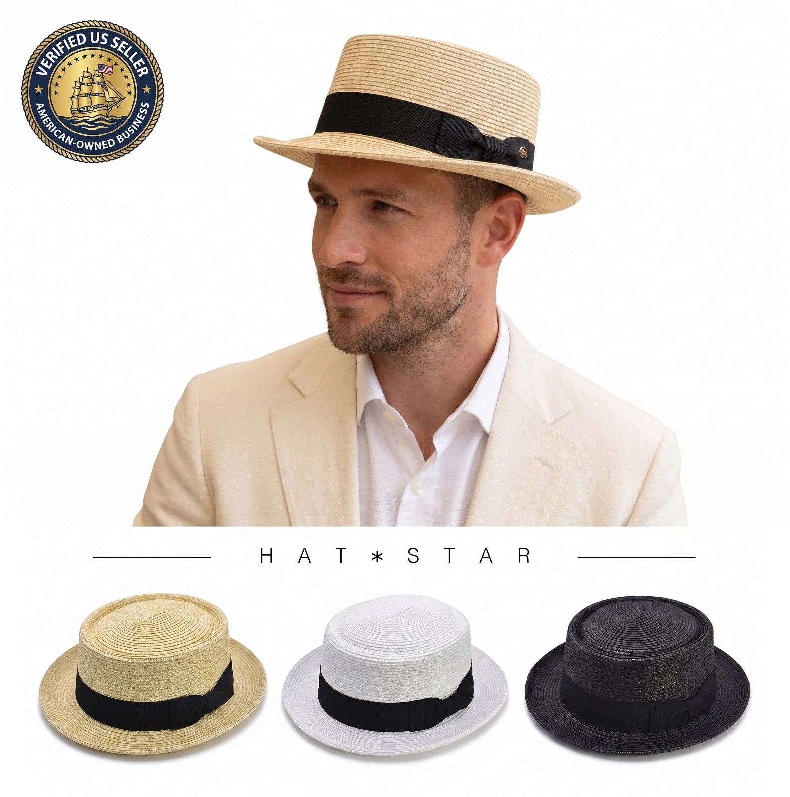 Men's Summer Lightweight Straw Pork Pie Derby Fedora Upturn Brim Hat w/ Ribbon
Opens in a new window