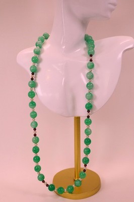Vintage Chinese Translucent Green Aventurine Old Jade Pearl Garnet 14k Necklace