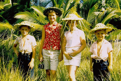 Boys & Girls/Brothers & Sisters in Palm Frond Hats @ Guam: 1950's 35mm Slide