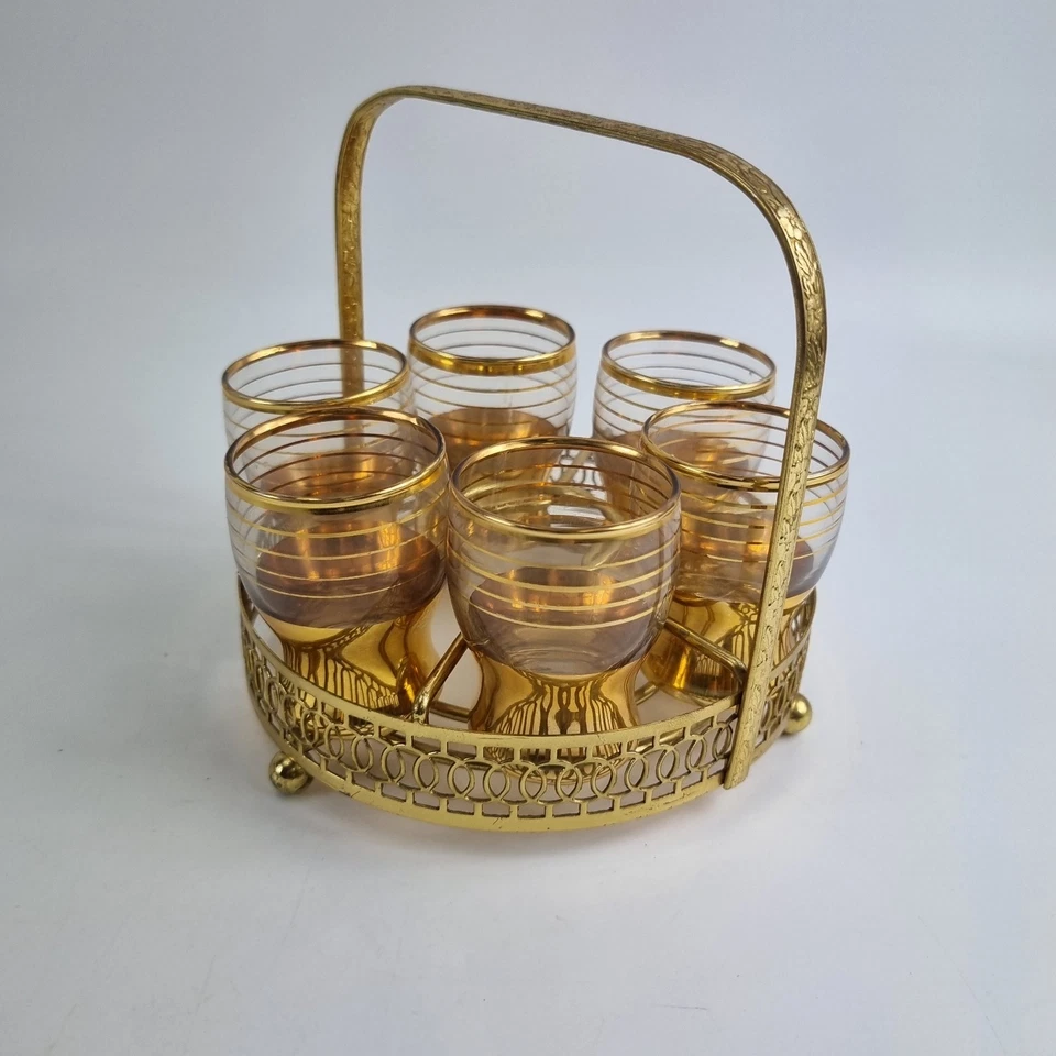 Vintage Gold Rim Shot Glasses Set of 6 with Ornate Metal Carrier Barware Decor - Image 2 of 4