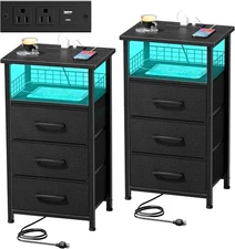 Night Stand Set 2 with Charging Station, End Table of 2 20 Black 