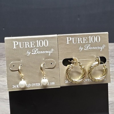 Danecraft Pure 100 Earrings 2 Pair Set 24k Gold Over Twisted Hoops Pearl Drop
