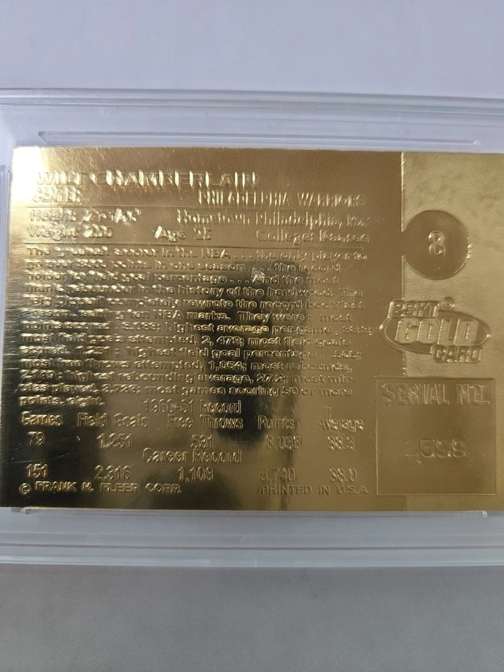 WCG 10 2001-02 Fleer 23KT Gold #8 Wilt Chamberlain 1962 Rookie 40th Ann Ltd 5000 Foto 3 de 3
