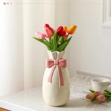Pink Ceramic Bow Vase for Flowers 9. 3 Inch Cute Flower Vase with Bow Pink Ro...