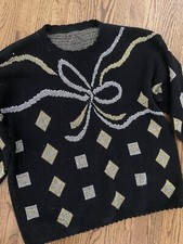 Vtg Supersized Metallic Silver Gold Ugly Christmas Sweater With Bow XL XXL