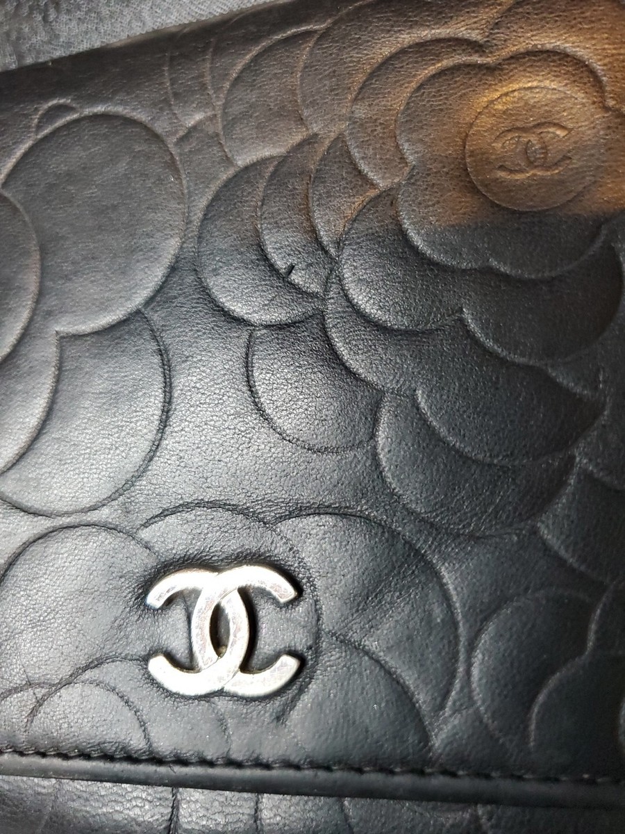 vintage CHANEL フラワーブローチ 黒 レザー CHANEL シャネル コサージュ カメリア フラワー キャンバス