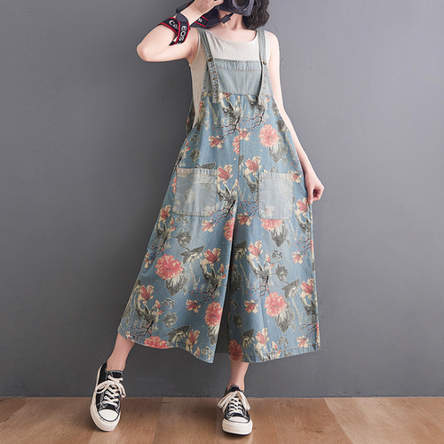 Lady Floral Printed Denim Dungarees Jumpsuit Jeans Trousers Pants Overalls Loose - Picture 4 of 26