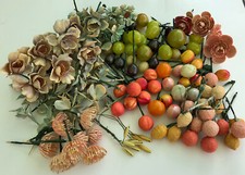 Vintage 125 tiny faux Fruit Leaves Floral Picks Flocked Textured Shiny Rubber