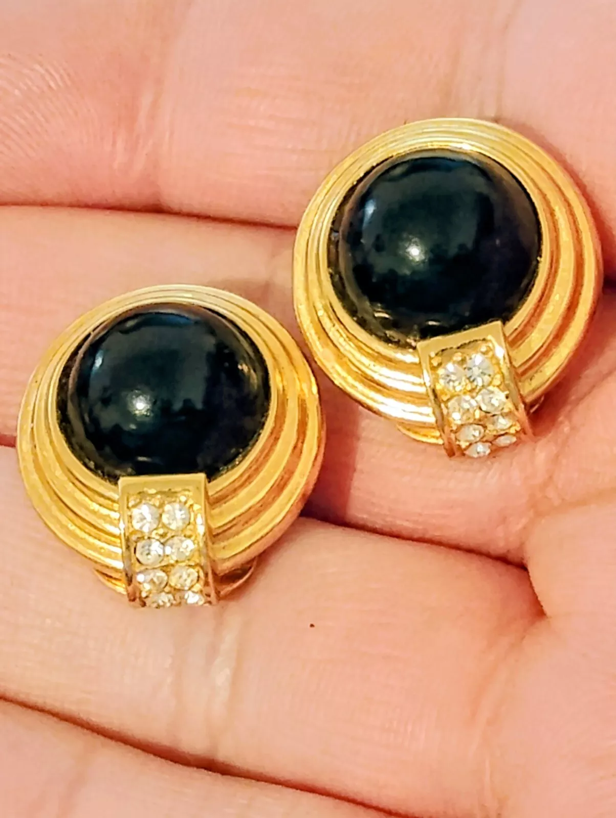 Rare BOUCLES D'OREILLES à clipser CHRISTIAN DIOR NOIR Oksy ET STRASS