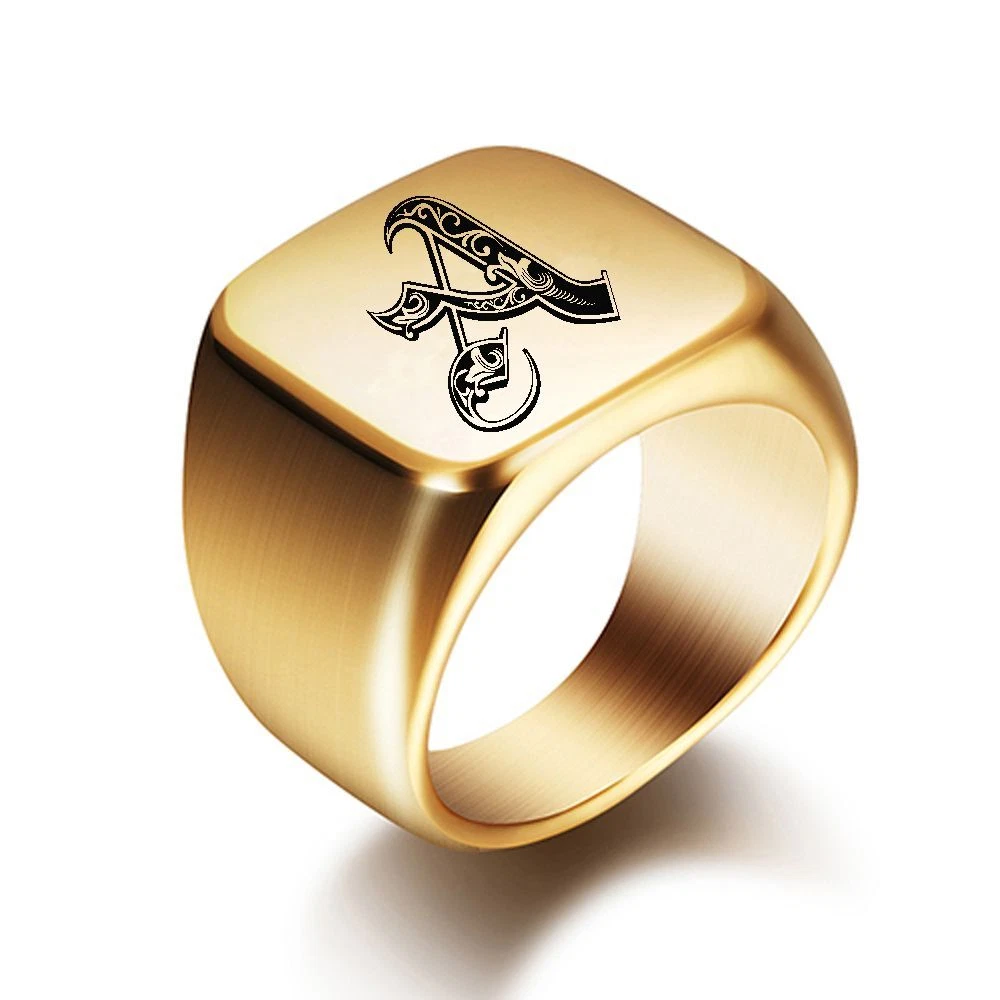 Mens Rings Initial With Letter Stamp Fashion Gold 18mm Male