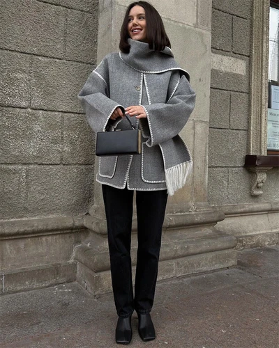 Womens Embroidered Scarf Jacket Wool Blend Coat Winter Outwear with Tassel Scarf - Picture 6 of 25