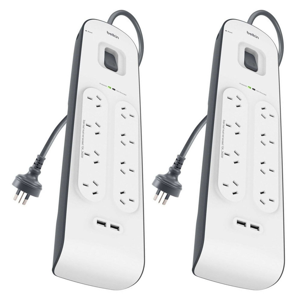 2x Belkin Way Outlet Surge Protector 2M Power Board w/
