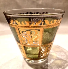 Culver's Prado Rocks Bourbon Glass Green Squares 22k Gold Scrolls VTG 12 oz VGC
