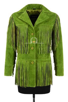 Damen Western Fransen Lederjacke limettengrün klassischer Stil echtes Wildleder Jacke