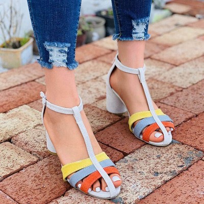 color block chunky heel sandals