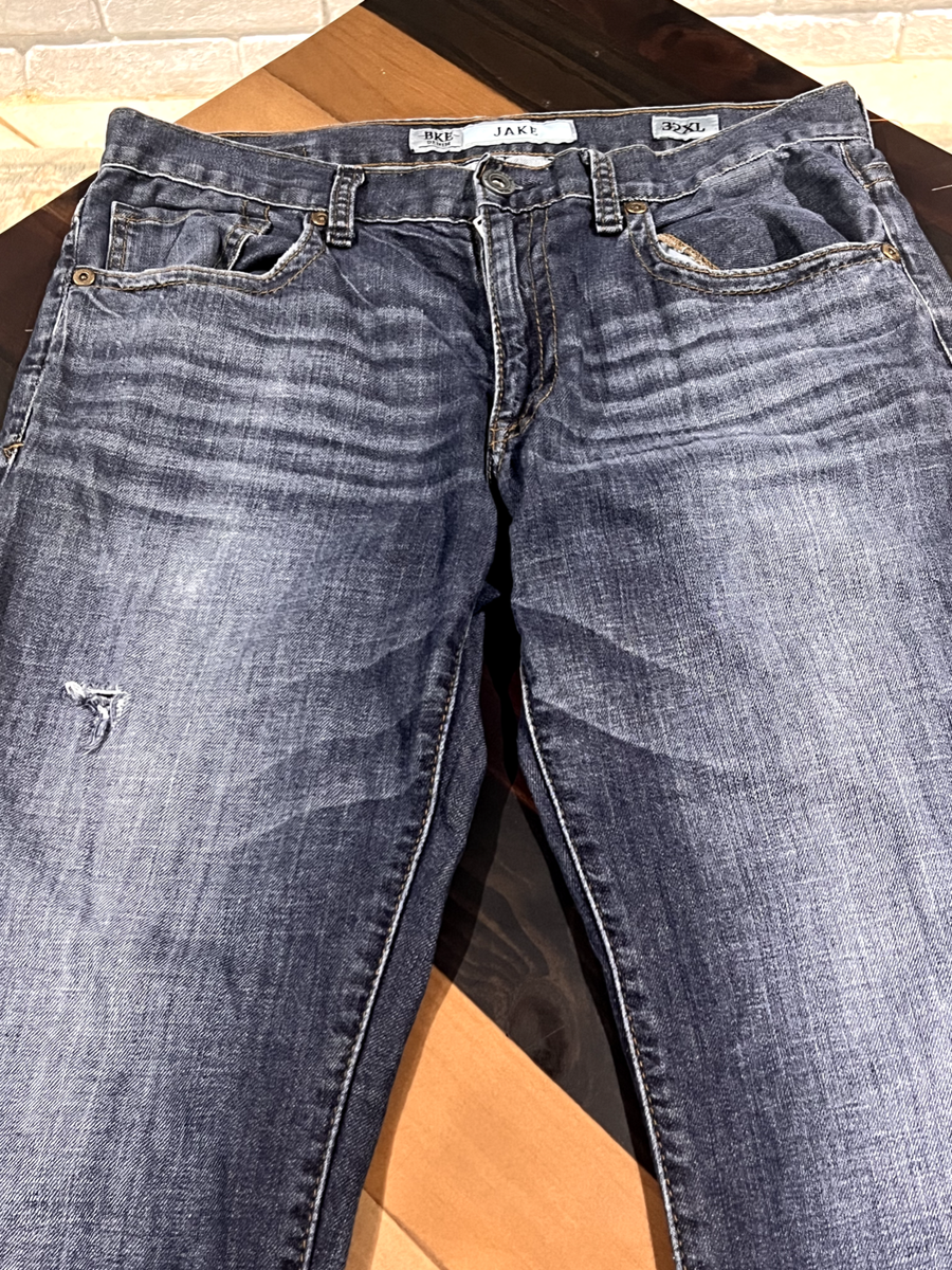 BKE Jake Straight Leg Jeans Blue Denim Distressed Buckle Men 32XL