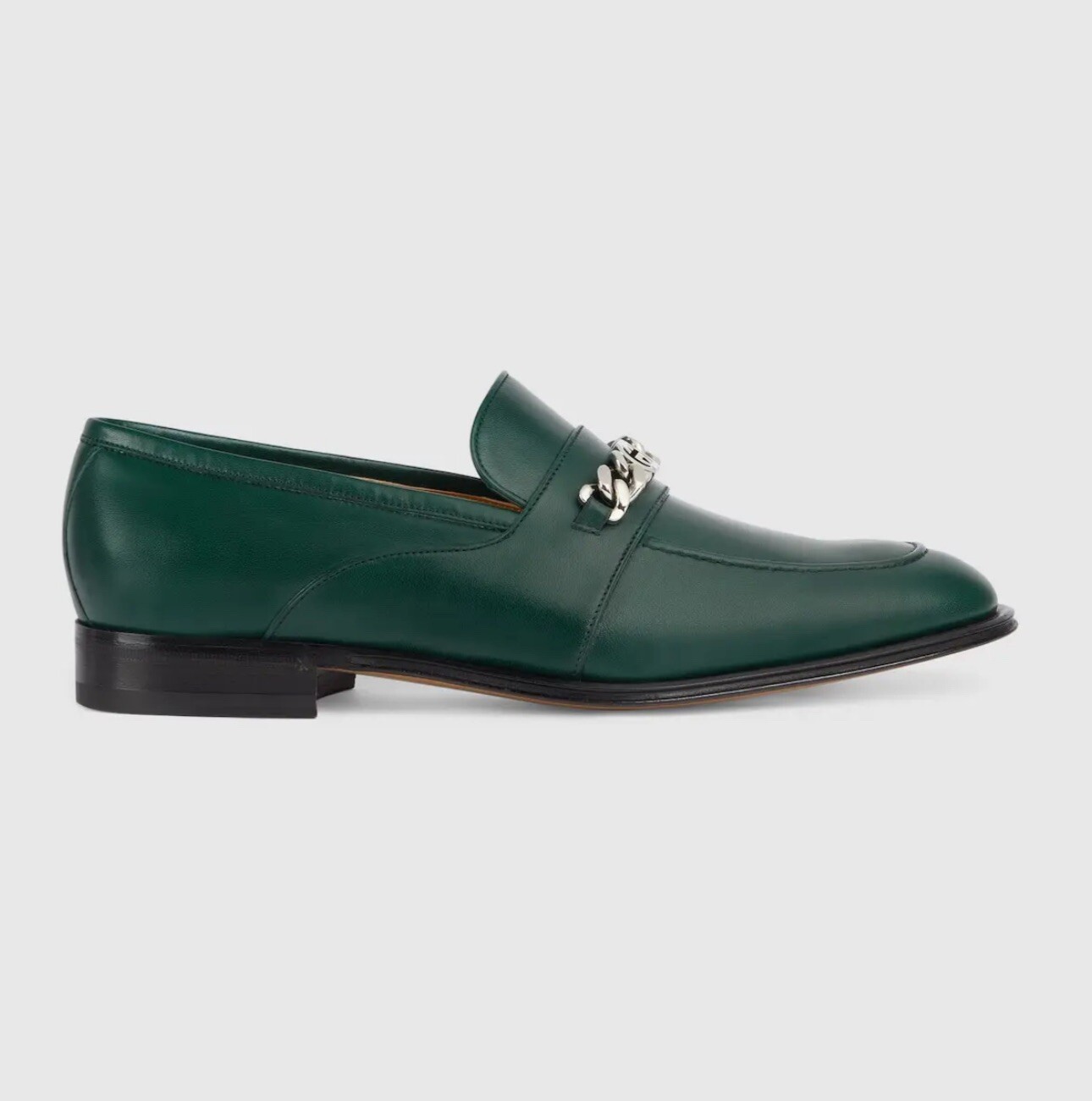 Gucci Interlocking G Green Leather Loafers Chain Detail EU 42.5 image 9