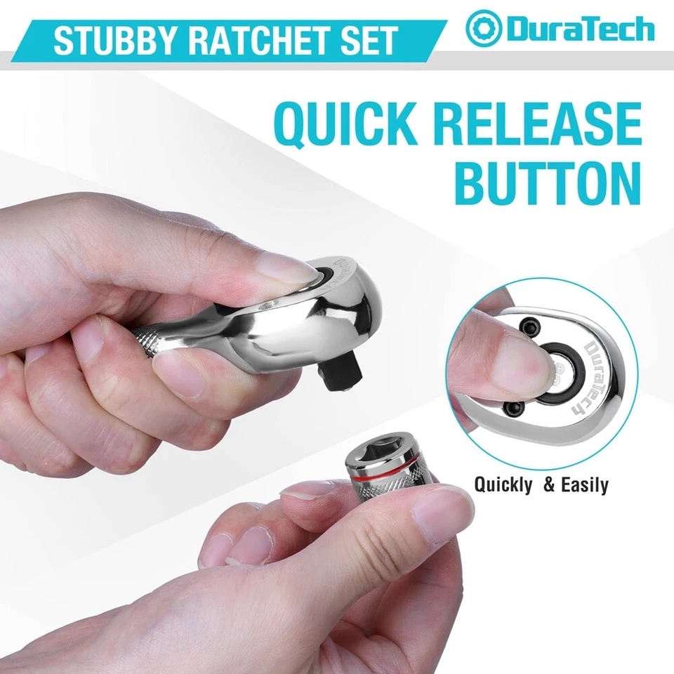 DURATECH 3PCS Stubby Ratchet Wrench Set 90-Tooth 1/4" 3/8" 1/2" Dr Socket Wrench - Image 4 of 4